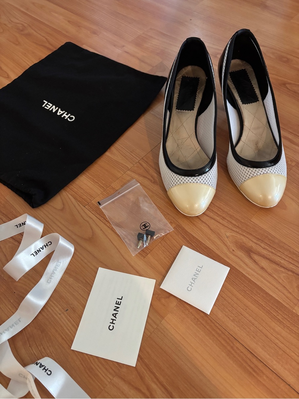 CHANEL Cream Cap-Toe Mesh Pumps with Black Trim